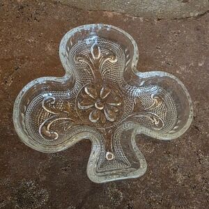 Vtg Clear Pressed Indiana Glass Club Shamrock Trinket Dish Floral Embossed 4"